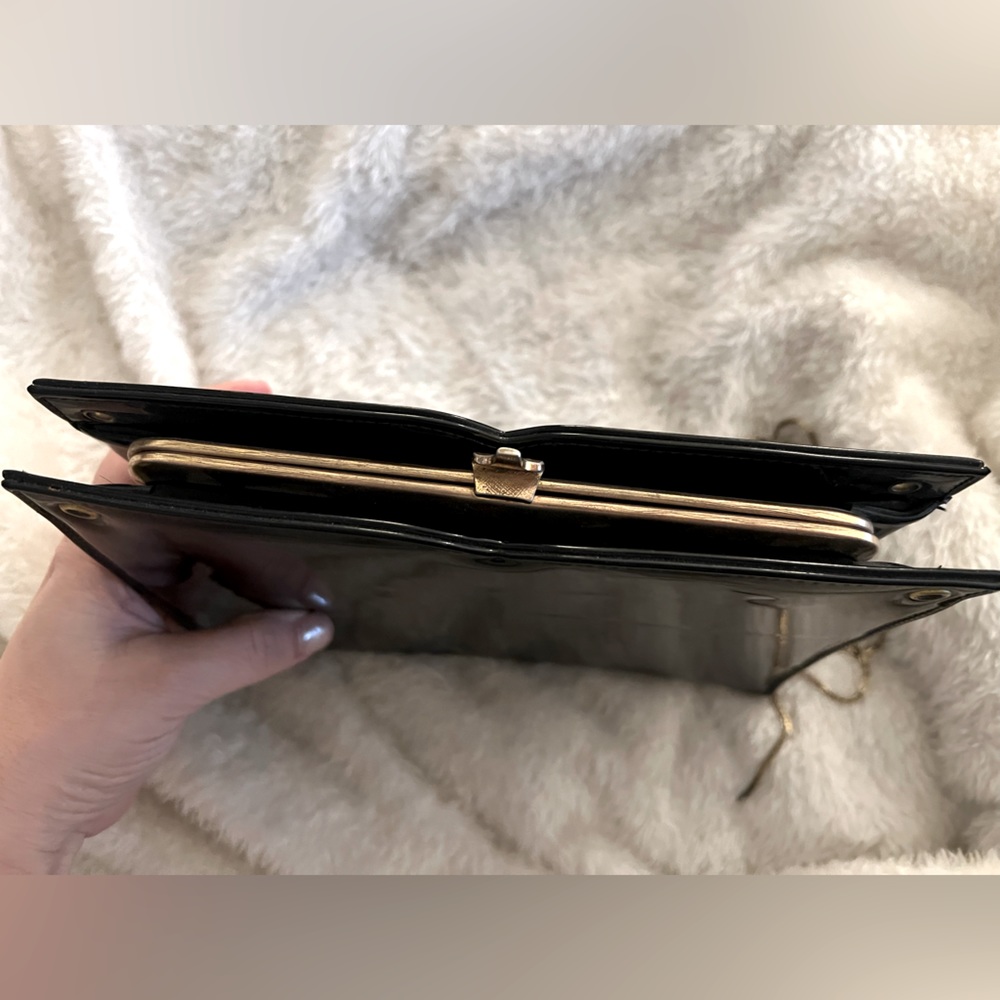 1930s vintage patent leather clutch with gold chain shoulder strap